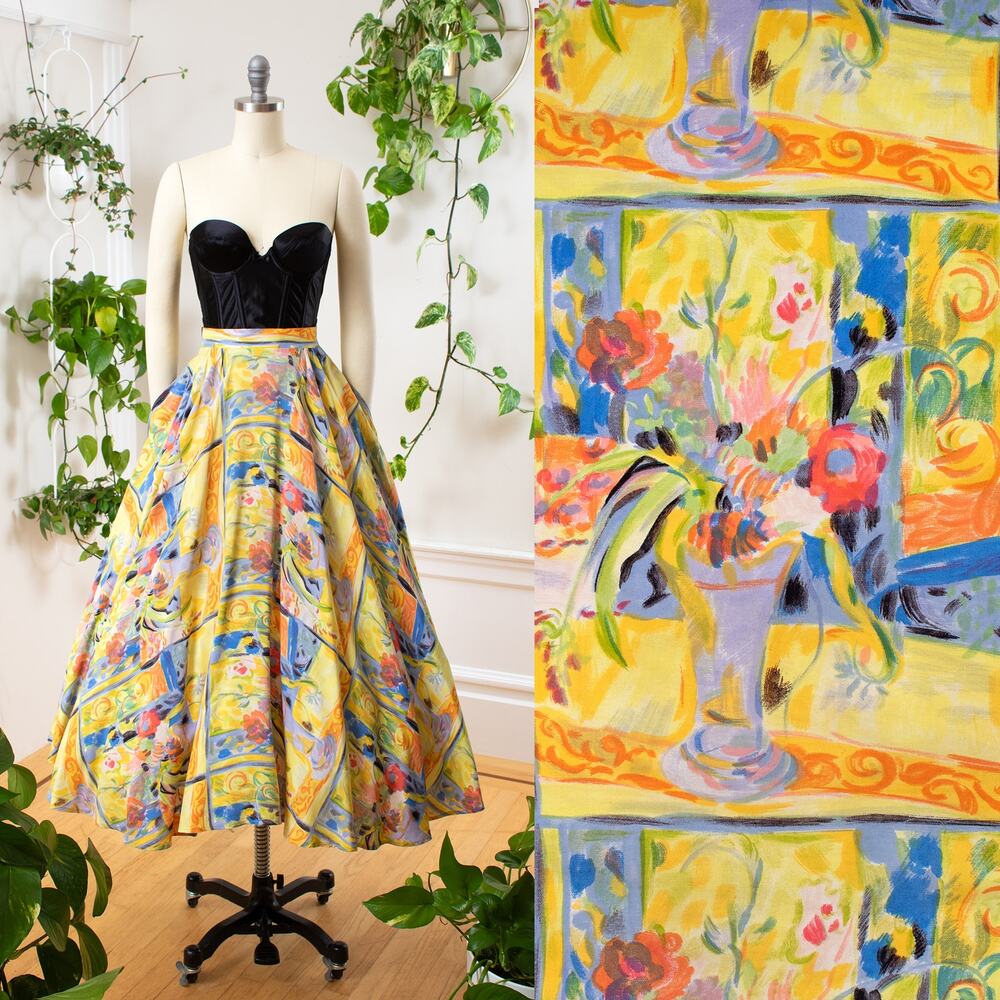 Vintage 1980s Circle Skirt 80s Floral Still Life Novelty Print Maxi Swing Skirt